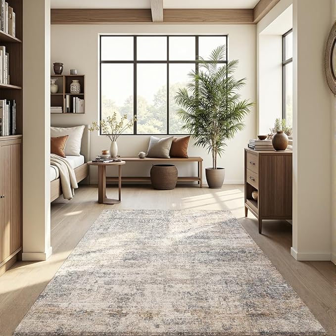 Area Rug 9x12 Washable Rug Grey and Beige for Living Room, Dining Room, Bedroom, Large Carpets, Non Slip & Non-Shedding Low Pile Vintage Print Rug for Home Office Decor