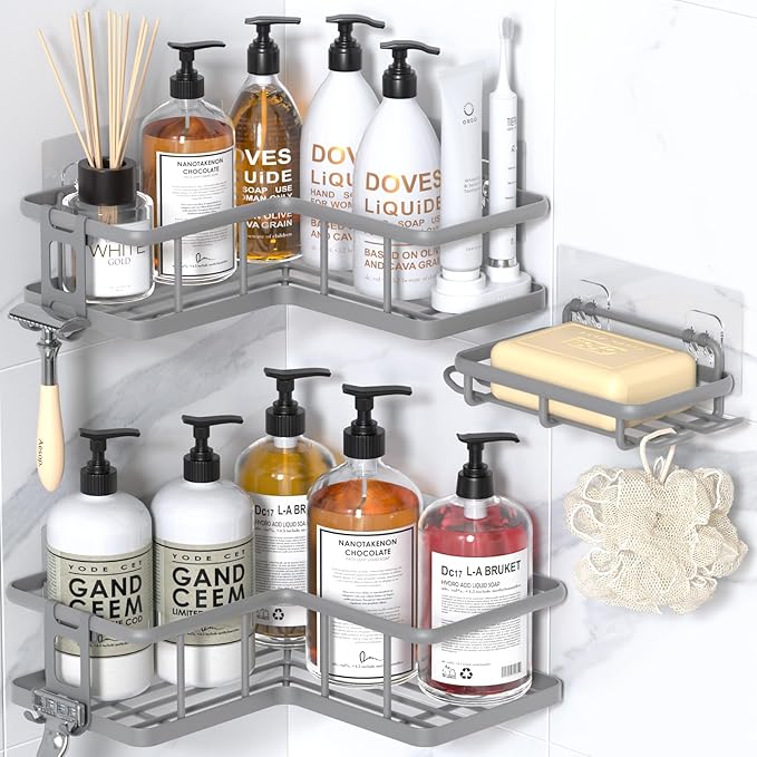 YASONIC Shower Caddy Corner, 3-Pack Adhesive Rustproof Stainless Steel Shower Shelves with Soap Holder, No Drilling Shower Organizer Corner for Dorm, Renters Bathroom, Grey