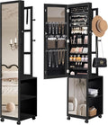 Hzuaneri 8 LEDs Jewelry Cabinet Armoire, 66.9-inch Jewelry Organizer with Garment Rack, Lockable Full-length Mirror with 4 Wheels, Storage Shelves with Hooks, 5-in-1, Black JC17004B