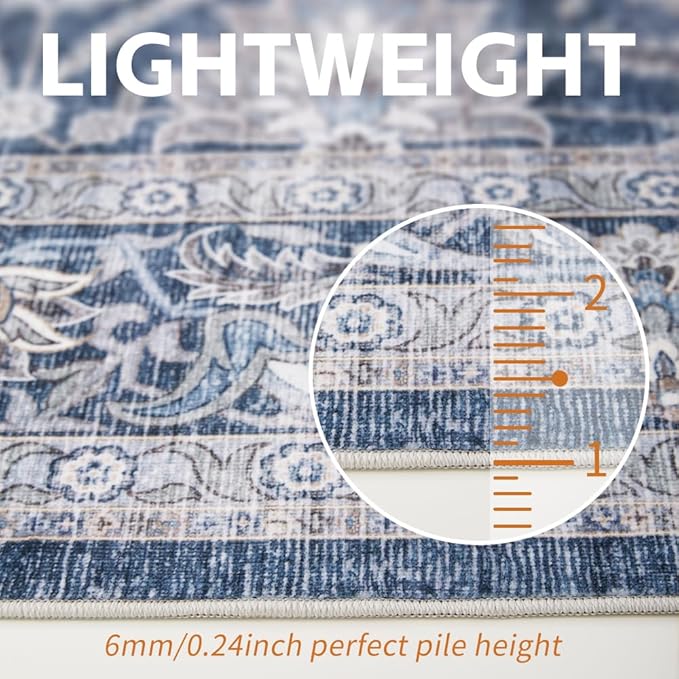 6x9 Area Rugs Grey and Blue Washable Rug for Living Room, Dining Room, Bedroom, Large Carpets, Non Slip & Non-Shedding Low Pile Vintage Print Rug for Home Office Decor
