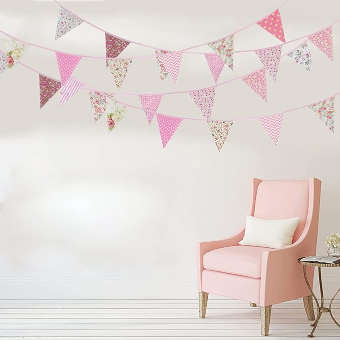 Zwiebeco 39Ft Pink Floral Fabric Bunting Banner Triangle Flag Party Decorations Hanging Cotton Rustic Vintage Flowers Garland Pennants for Wedding Birthday Tea Nursery Home Outdoor Garden Accessories