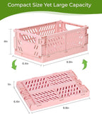 HUUSMOT 2-Pack Small Pastel Plastic Storage Baskets, Collapsible Crates for Organizing, Space-Saving Mini Bins for Classroom, Kitchen, Office, Bedroom (Pink, 9.8" x 6.5" x 3.8")