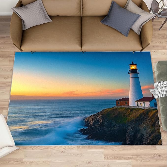 Coastal Rugs for Bedroom - 6x8 Area Rug - Ocean Lighthouse Rugs for Living Room, Sunset Ocean Scenery Rug, Non-Slip Washable Home Decor Carpet