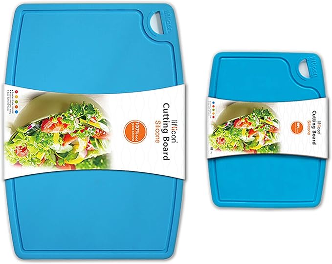 Liflicon Thick Silicone Cutting Boards for Kitchen Silicone Chopping Boards/Mats Set of 2 Extra Large14.6''x10.43'', Mini 9.1”x7.1” Non-slip Deep Drip Juice Groove, Dishwasher Safe-Blue