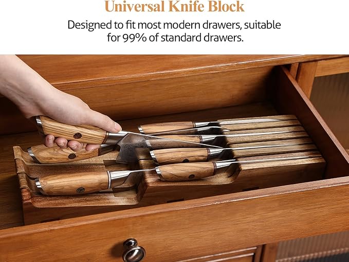 XINZUO In-drawer Knife Block, Natural Acacia Knife Drawer Oganizer, Insert-Kitchen Storage Holder, 7 Slots, Holds up to 7 Various Size Knives, Countertop Saving&Knife Protective
