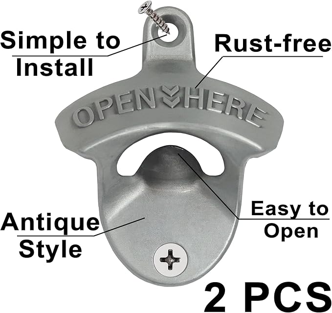 Old Style Wall Mounted Bottle Opener, Rustic Silver Rustproof Screw in Wall Bottle Opener Set for Patio Kitchen (2 PCS)