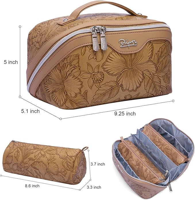 BOYATU Travel Makeup Bags Cosmetic Organizer Bag: 3-Set Large Capacity Make up Bag - PU Leather Toiletry Bags for Women - Wide Open Portable Pouch with Divider & Handle (01-Z-Brown)
