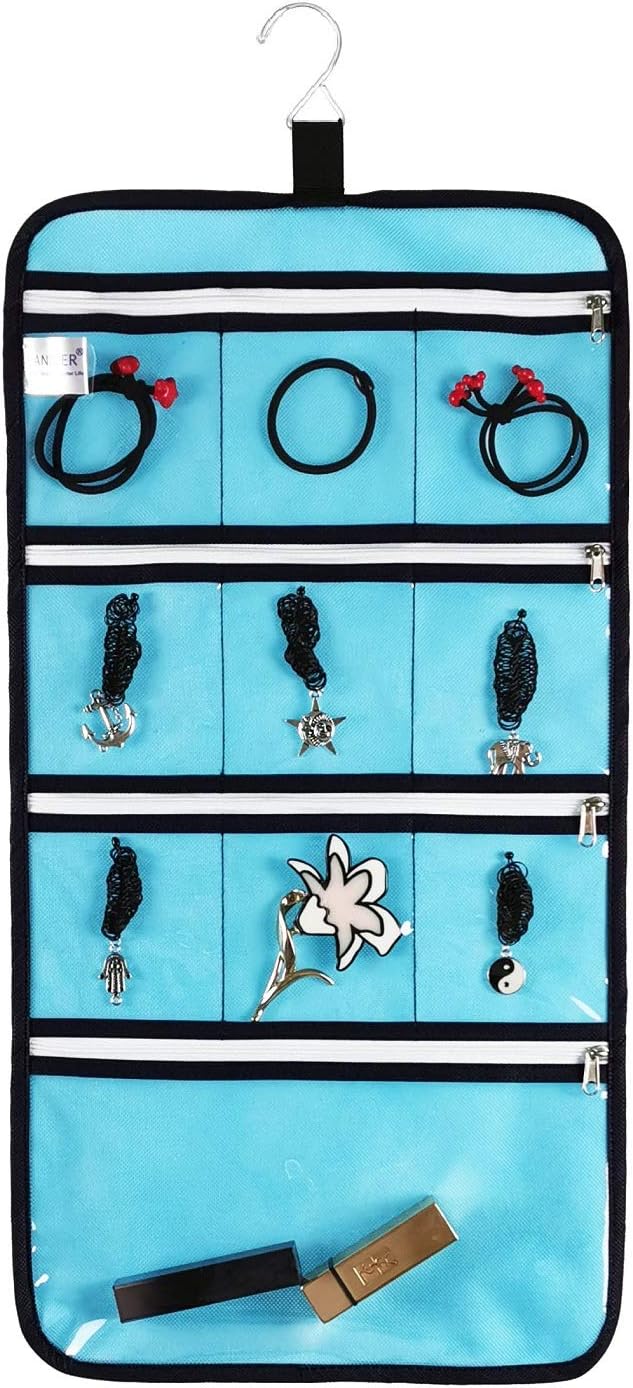 Hanging Jewelry Organizer with 10 Zippered Clear Pockets for Travel Suitcase and Home Closet Jewelry Storage Bag (BLUE)