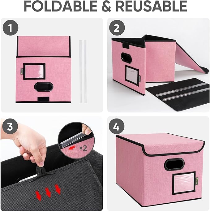 BALEINE File Organizer Box with Lid, Collapsible File Folder Organizer with Plastic Slide, Hanging File Folder Box for Office Document Storage (2 Pack, Pink)