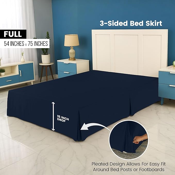 Utopia Bedding Full Bed Skirt - Soft Quadruple Pleated Ruffle - Easy Fit with 16 Inch Tailored Drop - Hotel Quality, Shrinkage and Fade Resistant (Full, Navy)