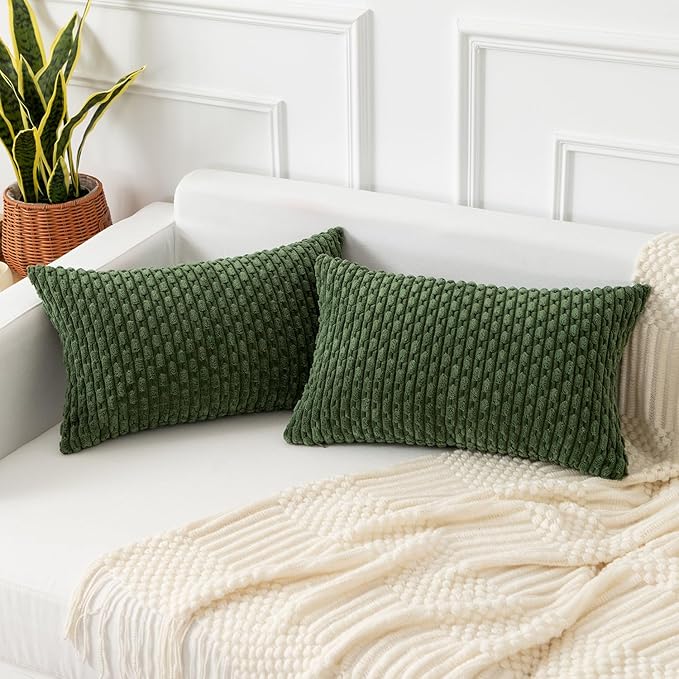 Kevin Textile 12x20 Inch Pillow Cover 1 Pack Boho Decorative Soft Striped Corduroy Lumbar Farmhouse Solid Color Accent Rectangle Cushion Case for Living Room Couch Sofa Bed, Moss Green