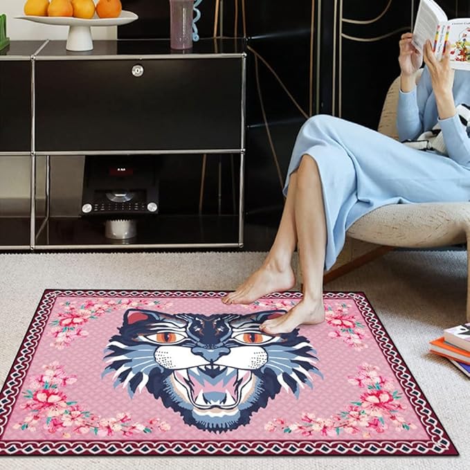 Cartoon Animal Pattern Area Rug Cute Cat Luxury Floral Decor for Carpet Farmhouse Bedroom Living Room Rugs Bathroom Kitchen Runner Mat Indoor Outdoor Non Slip Doormat 2.6' X 5.2'
