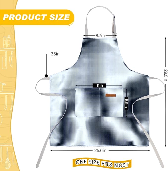 Handepo 4 Pcs Kitchen Aprons with Pockets Adjustable Waterproof Cotton Aprons Striped Apron for Women Men Chef Mother Gift