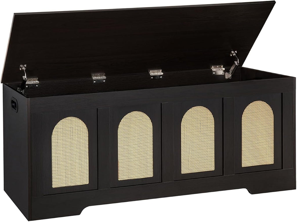 DINZI LVJ Storage Chest, 47.2" Rattan-Like Toy Box with 2 Safety Hinges, Wooden Entryway Storage Bench with Flip-Top, Large Trunk for Living Room, Bedroom, Easy Assembly, Espresso and Natural