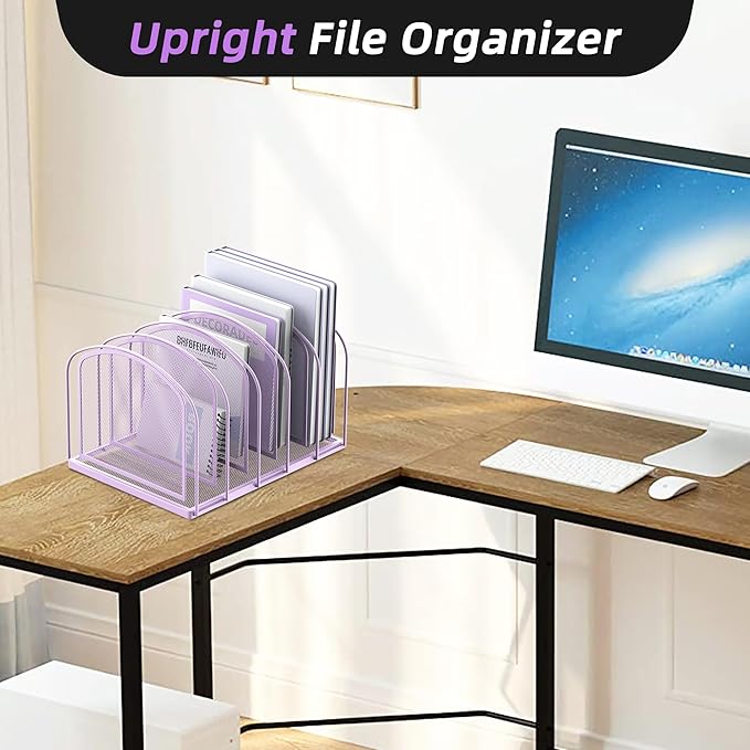 SUPEASY File Organizer 5-Section Mesh Desk Organizer, Upright File Organizer Desktop Organizer File Sorter, File Folder Holder for Office Supplies, Purple