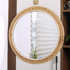 21 Inch Boho Round Hanging Wall Mirror Decorative Rattan Circle Wall Mounted Mirror for Farmhouse, Living Room, Bedroom, Bathroom
