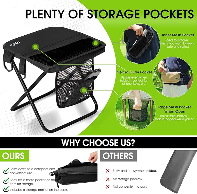 Camping Stool Upgraded Foldable Stool, Aluminum Alloy Bracket, 6 Ways to Carry Portable outdoorfolding Chair with Pocket for Queuing, Fishing,Hiking Tours, BBQ, Parties, Outdoor Camping Accessories
