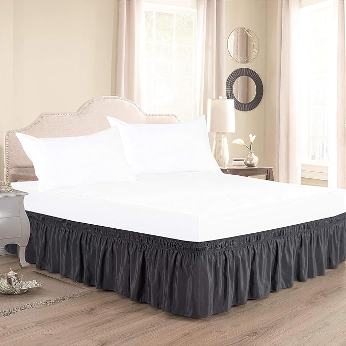 Dark Grey Wrap Around Bed Skirts with 16" Drop - Three Sides Fabric Adjustable Elastic Dust Ruffle Silky Soft -600 TC Stretchy Bed Skirt-Short Queen(60"X 75") Dark Grey