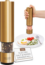 Eparé Brass Salt and Pepper Mill - Battery Operated Gold Pepper Grinder with Ceramic Burr - Automatic Steel Peppermills With LED Light - Gold or Brass Color