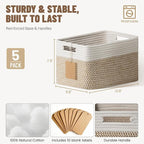 5 Pack Woven Storage Baskets for Shelves, Decorative Basket Organizer Storage Bins for Toys, Books, Clothes, Closet, Nursery, Bathroom – Cotton Rope Shelf Baskets for Organizing, Khaki & White