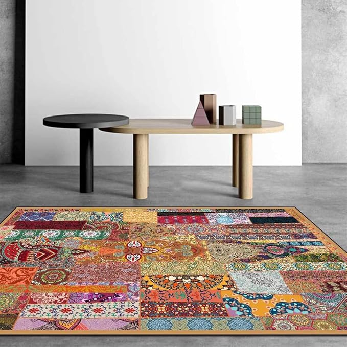 Vintage Boho Area Rugs Multicolor Ethnic Style Geometric Splicing Carpets Bedroom Living Room Kitchen Floor Mats Indoor Outdoor Non-Shedding Runner Rug Home Décor Carpet 4' X 6.5'
