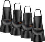 Handepo 4 Pcs Kitchen Aprons with Pockets Adjustable Waterproof Cotton Aprons Striped Apron for Women Men Chef Mother Gift