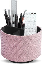 Round Leather Art Supply Organizer,Remote Control Holder,360 Degree Spinning,Multi-Functional Pencil Holder,4 Compartments Desktop Stationary Organizer(1-Weave Purple)