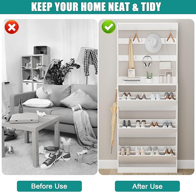 Shoe Cabinet for Entryway with 3 Flip Drawers, White Tall Wood Shoe Storage Cabinet with Coat Rack, Narrow Hidden Slim Freestanding Shoe Rack Organizer, 2 in 1 Hall Tree for Living Room, Hallway