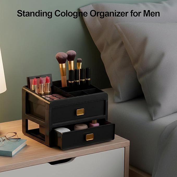 Cologne Organizer for Men,Cologne Stand with 2 Drawer,Nightstand Organizer,Cologne Shelf,Dresser Drawer Organizers,Organizador de Perfumes,Perfume Stand Organizer for Bedroom,Three Layer