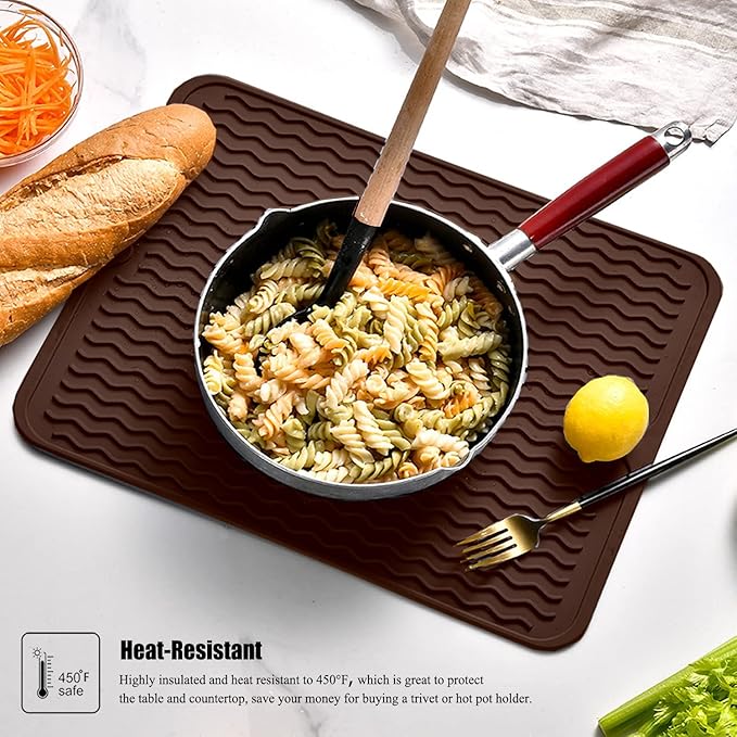 Large 14" x 11" Silicone Dish Drying Mat for Kitchen Counter, Easy clean, Quick Dry, Heat-resistant Dish Drainer Mat for Sink,Refrigerator or Drawer liner (Food Grade Silicone-Coffee)