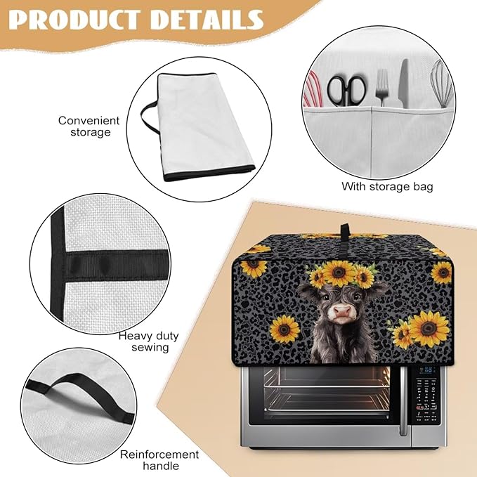 Air Fryer Toaster Oven Dust Cover with Storage Pockets, Stain-resistant Countertop Convection Oven Cover Kitchen Appliance Decor, M, Highland Cow Sunflower Dark Gray
