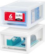 IRIS USA 6 Qt. Plastic Drawer Storage Organizer Stacking Drawers, 2-Pack, Stackable Unit with Sliding Drawer for Bedroom Kitchen Under Sink Pantry Craft Room Bathroom Dorm Office, White