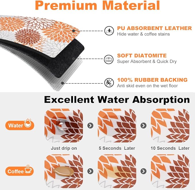 Findosom 2PCS 16" x 24" Fall Dish Drying Mat & 24" x 5.5" Sink Splash Guard, Super Absorbent & Cuttable Dish Mat Drying Kitchen Mat with Orange Floral, Hide Stain Drying Mat for Kitchen Counter