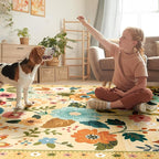 Floral 4ft Area Rug Machine Washable Soft Print Boho Carpet Non Slip Doormat Low Pile Flower Area Rugs for Living Room Bedroom Nursery Kitchen Dining Room Indoor-Ivory/Yellow
