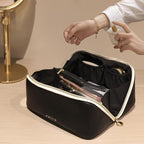 Prite Makeup Bag for Women Travel Waterproof Vegan Leather Cosmetic Bag Open Flat Toiletry Bag With Clear Divider and Handle (Black, Large)