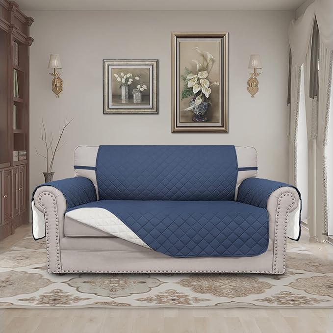 Easy-Going Reversible Loveseat Couch Cover for 2 Cushion Couch Sofa Cover for Dogs Water Resistant Furniture Protector with Foam Sticks Elastic Straps for Pet (Loveseat, Dark Blue/Ivory)