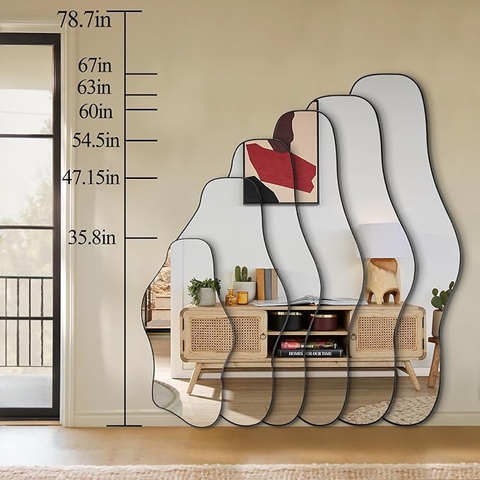 Irregular Frameless Mirror, 35.8"x17.7" Asymmetrical Tempered Glass Mirror, Modern Abstract Wall Mirrors for Living Room Bathroom Bedroom Hallway Entryway, Horizontal or Vertical Hanging
