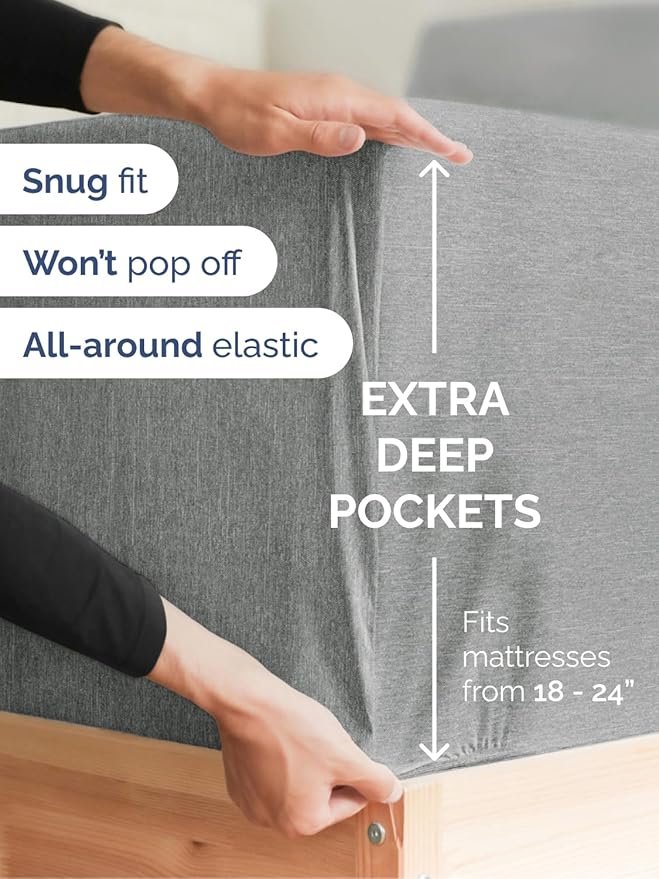 Extra Deep Queen Fitted Sheet - Hotel Luxury Single Fitted Sheet Only - Easily Fits 18 inch to 24 inch Mattress - Ultra Soft, Wrinkle Free w/Extra Deep Pockets - Breathable & Comfy - Heathered Grey
