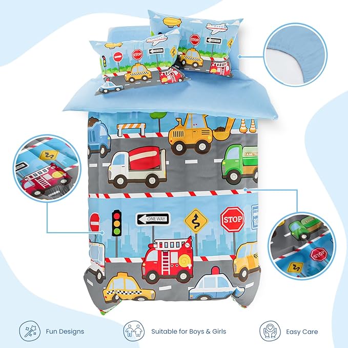 Transportation Kids Bedding Set for Boys, Ultra Soft Microfiber Comforter Set Twin Size with 3-Pieces, Comforters Bed Sets for Boy Children Kids