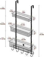 YBING Over The Door Organizer with Hooks 3 Tier Back Towel Hanger Baskets Metal Behind Hanging Storage Shelf Pantry Racks for Bedroom Bathroom Black, R01-R984
