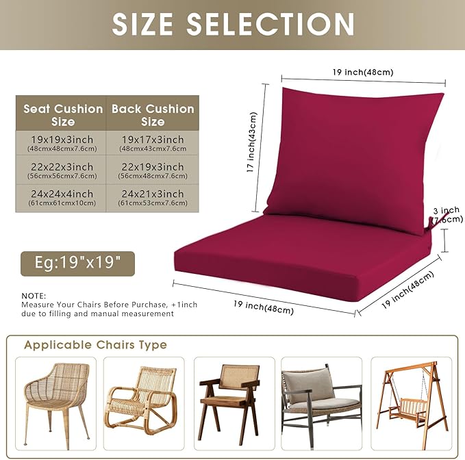 Outdoor Seat Cushion Set 19 x 19 In, Water-Resistant & Fade-Resistan, Patio Furniture Cushions with Removable Cover Deep Seat & Back Cushion with Handle and Adjustable Straps for Chair Sofa,4PC
