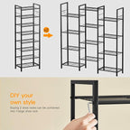 8 Tiers Narrow Shoe Rack 16-24 Pairs, Sturdy Metal Tall Shoe Rack with 4 Hooks, Slim Shoe Storage Organizer with Metal Shelf, Space Saving Vertical Shoe Shelf for Entryway, Closets, Black