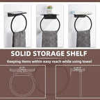 APLusee Matte Black Bath Towel Ring with Shelf, Stainless Steel Towel Holder, Wall Mount