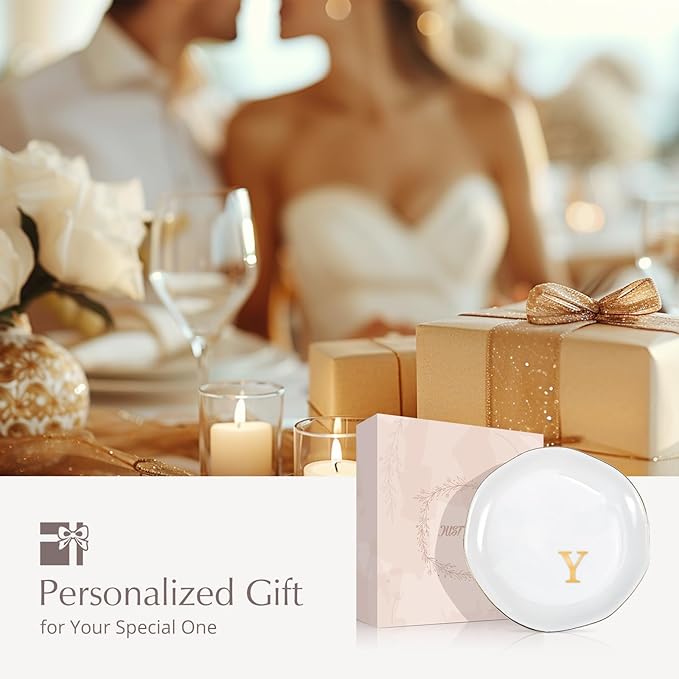 ProCase Ceramic Jewelry Tray, Initial Ring Dish Trinket Plate Engagement Gift, Small Personalized Monogram Ring Bowl for Wedding, White Decorative Jewelry Holder for Women Vanity -Letter Y