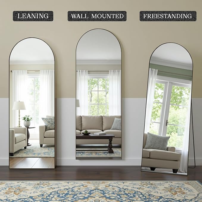 MISSDAY Arched Full Length Mirror, 64"x21" Full Body Mirror with Stand, Floor Mirror Long Free Standing, Leaning or Hanging, Aluminum Thin Frame Wall-Mounted Mirrors Wall Mirrors for Bedroom, Black