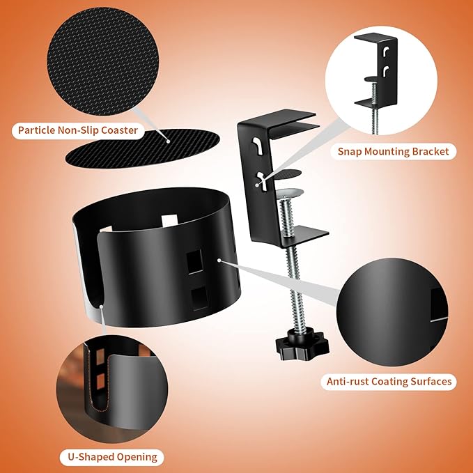 2 Pack Large Desk Cup Holder, OOKUU Anti-Spill Cup Holder for Desk or Table, Sturdy and Durable, Easy to Install, Enough to Hold Coffee Cups, Water Bottles, Gaming PC Office Accessories, Black