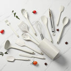 LIANYU 14 Pcs Kitchen Utensils Set with Holder, Silicone Cooking Utensils Spatula Set, Heat Resistant Cookware Tools Includes Spoon Turner Whisk Tong, Dishwasher safe, Cream White