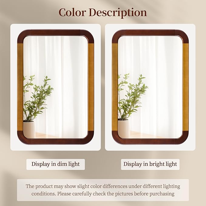 Bathroom Mirror 24 x 36 Inch,Brown Wood Rustic Rectangle Tempered Wall Mirror with Wood Frame,Round Corner Farmhouse Wooden Vanity Mirror for Living Room,Entryway or Bedroom（Walnut Brown）