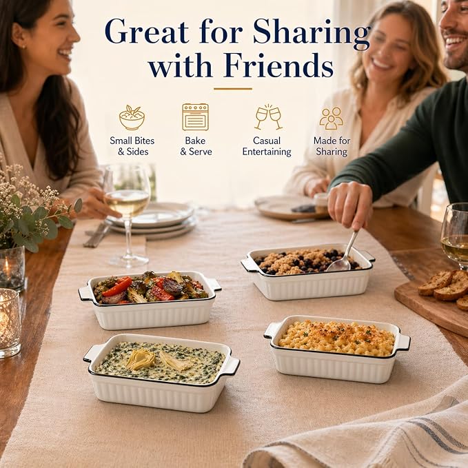 12 Oz Casserole Dish, Ceramic Baking Dishes Sets of 4, Small Casserole Dish with Handle, Porcelain Bakeware Sets, 5" Rectangular Baking Serving Dish for Casserole, Cakes, Dishwasher Oven Safe