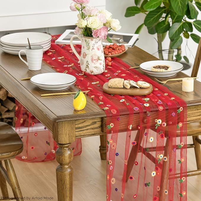 Artoid Mode Red Embroidery Daisy Gauze Table Runner 120 Inch 10FT, Seasonal Sheer Kitchen Dining Holiday Wedding Birthday Table Decor for Home Party